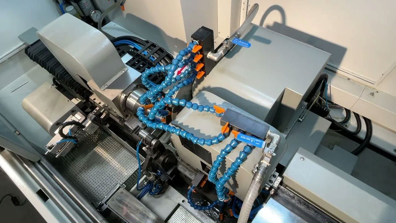 Industrial machine with blue hoses and gray components in a workshop setting